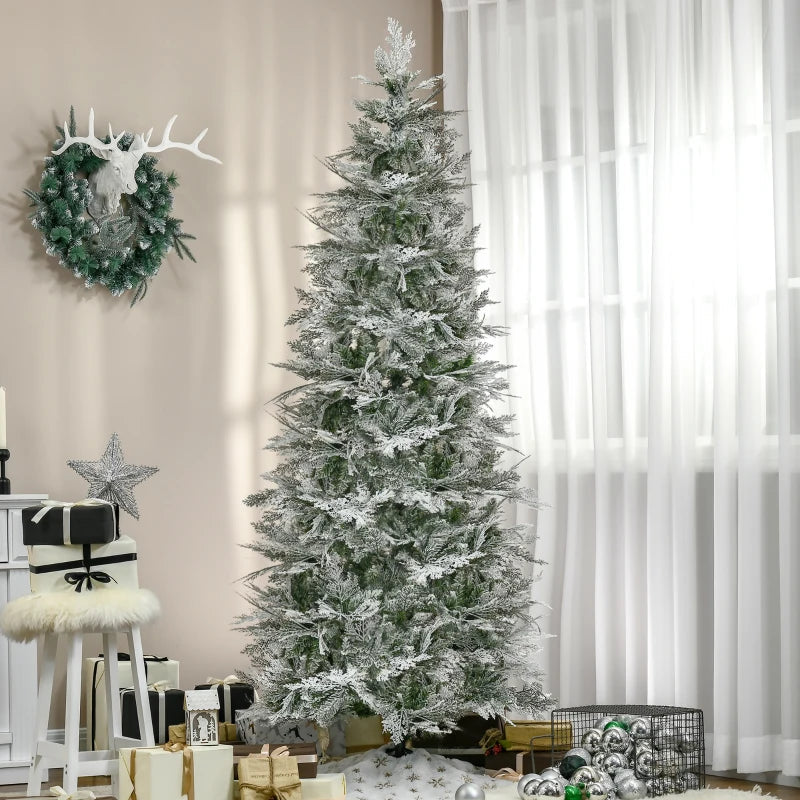 HOMCOM 7.5ft Pencil Snow-Flocked Artificial Christmas Tree – 880 Realistic Cypress Branches, Auto Open, Green 