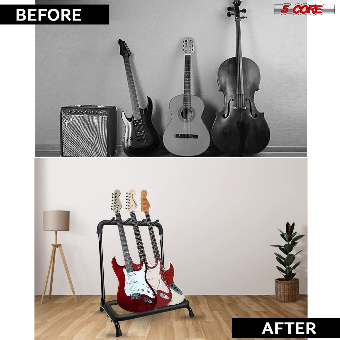 5Core Guitar Rack 3 Slot Multi Guitars Stands Floor Safe Storage for Electric Acoustic Flying V Guitars