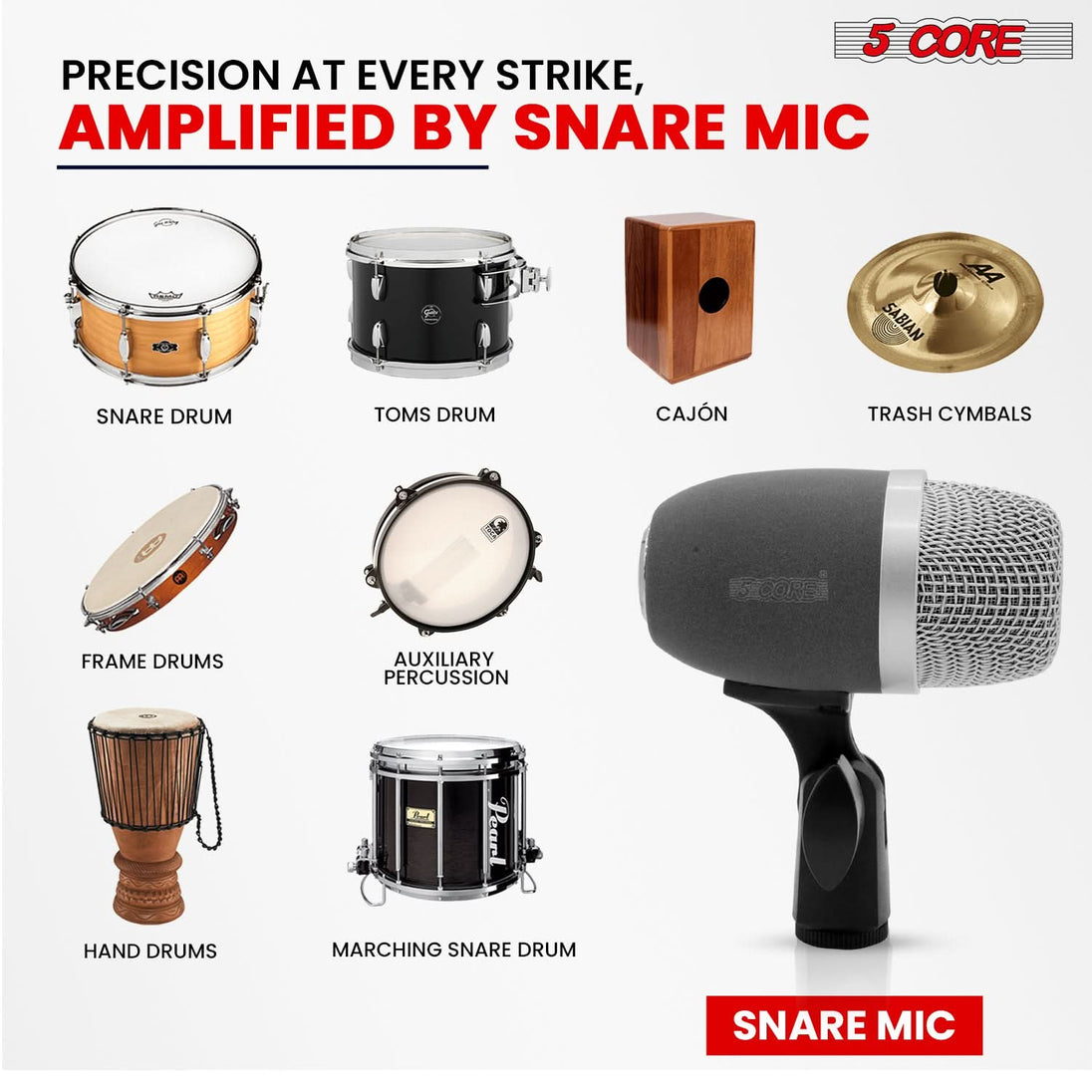 5 Core Snare Microphone XLR Wired Uni Directional Tom Drum and Other Musical Instrument Mic GRAY