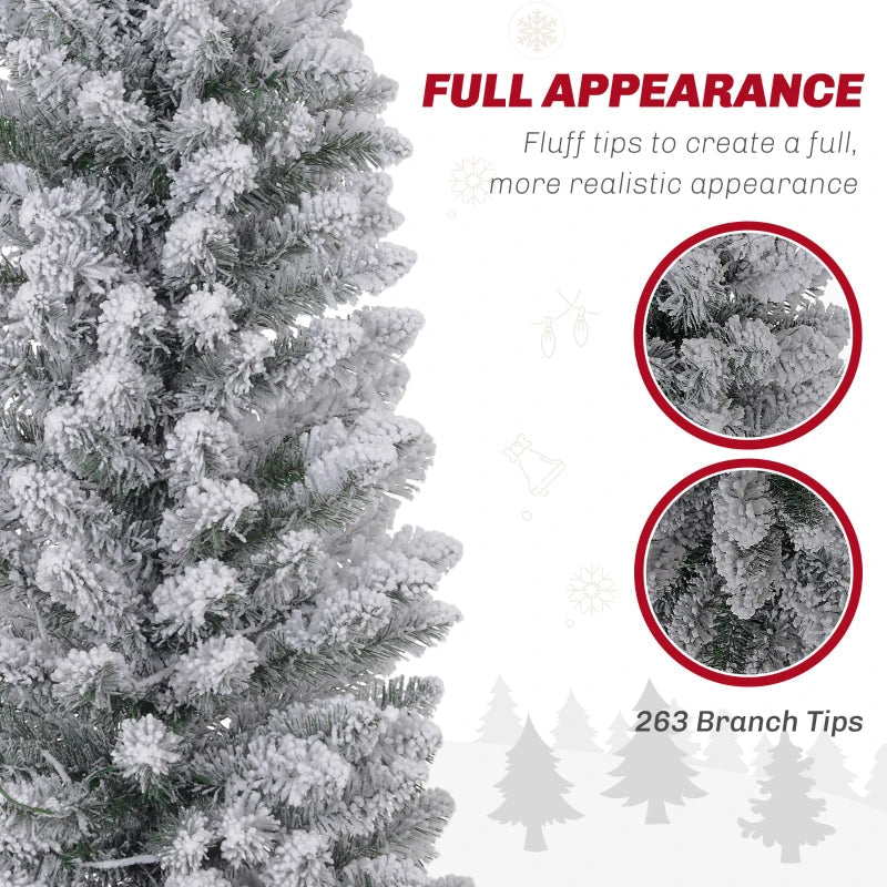 HOMCOM 5FT Prelit Pencil Christmas Tree with Warm White LED Lights, Slim Artificial Snow Flocked Xmas Tree with Metal Base 