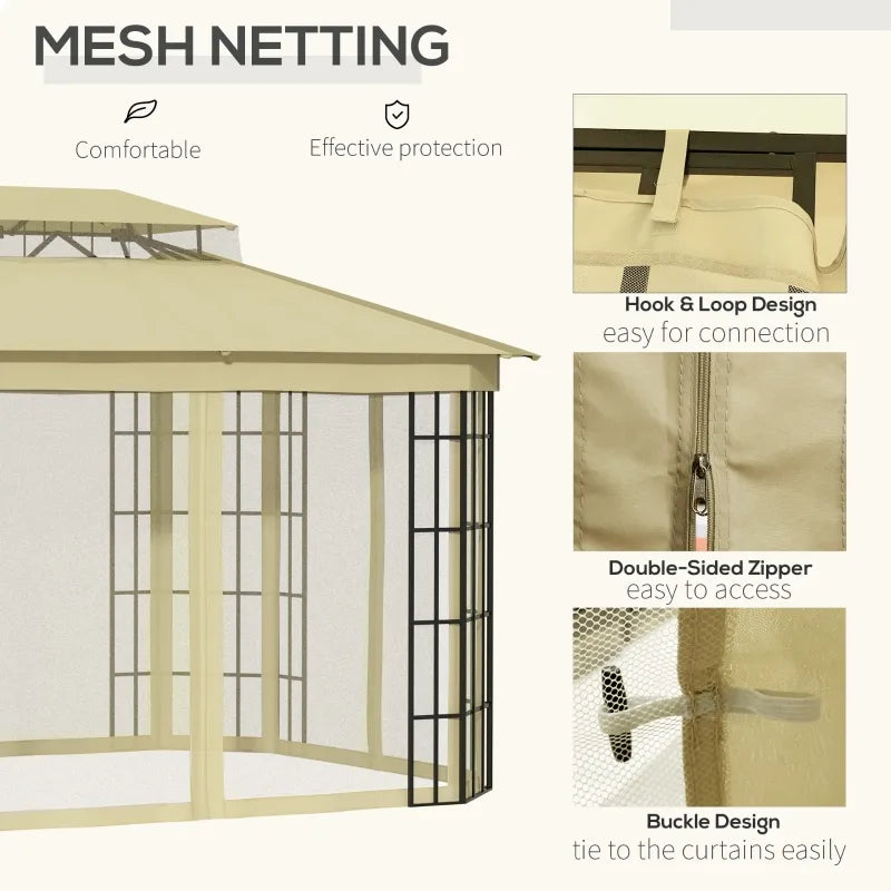 Outsunny 12'x10' Soft-top Patio Gazebo Canopy Steel Gazebo with Double Vented Roof, Mosquito Netting, Beige 