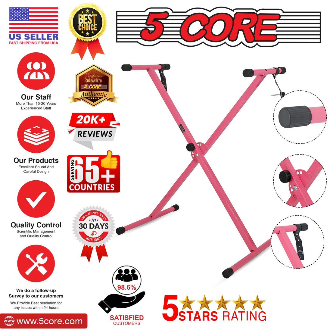 5Core Keyboard Stand Single X Style Adjustable Lift Piano Riser For 49 To 88 Keys PINK