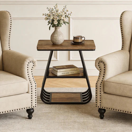 End Table 23.62" 3-Tier Narrow Side Table with Storage Shelves Industrial Metal Frame Oak Finish for Small Spaces Living Room Bedroom