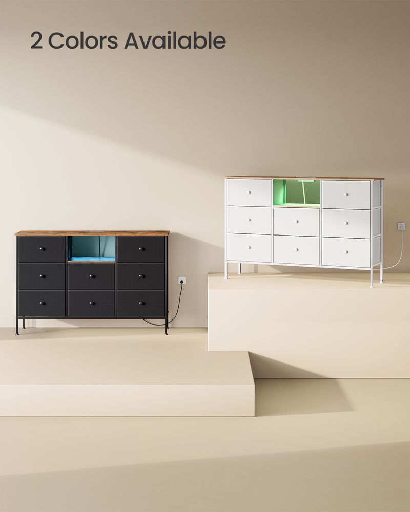 SONGMICS Fabric Dresser with Power Outlets and LED Lights 