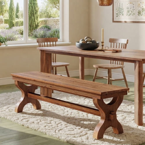 55.11" Solid Wood Farmhouse Bench, Rustic Entryway & End-of-Bed Bench with Curved Legs, 300 lb Capacity, Brown