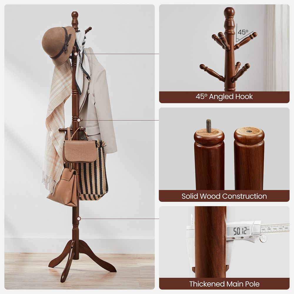 VASAGLE Solid Wood Coat Rack and Stand with 10 Hooks 