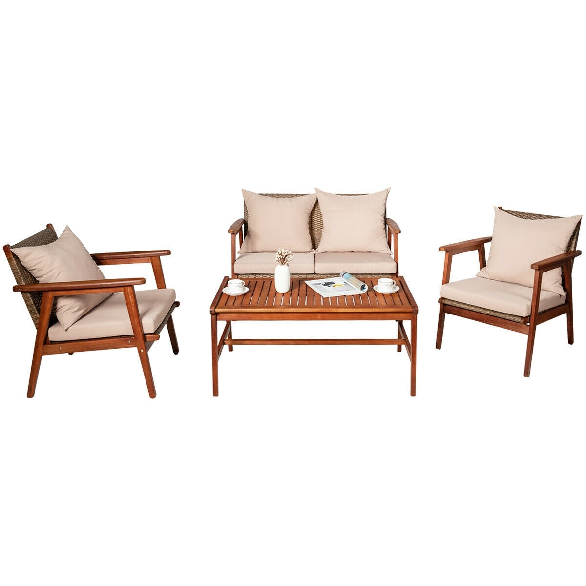 4 Pieces Acacia Wood Patio Rattan Furniture Set-Brown