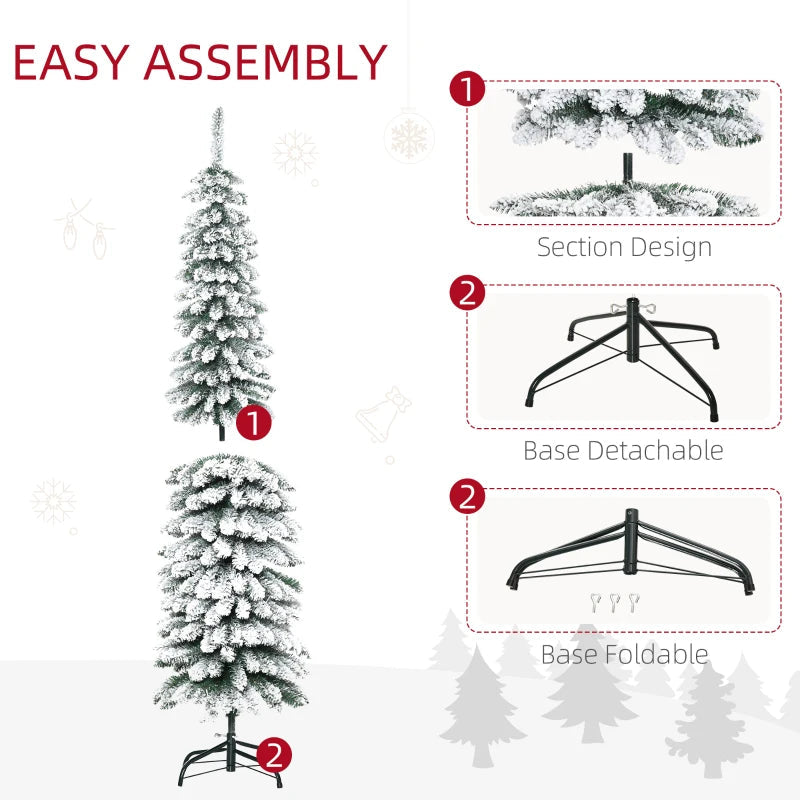 HOMCOM 7ft Snow-Flocked Artificial Christmas Tree – Slim Pencil Design, 490 Realistic Branches, Metal Base, Green 