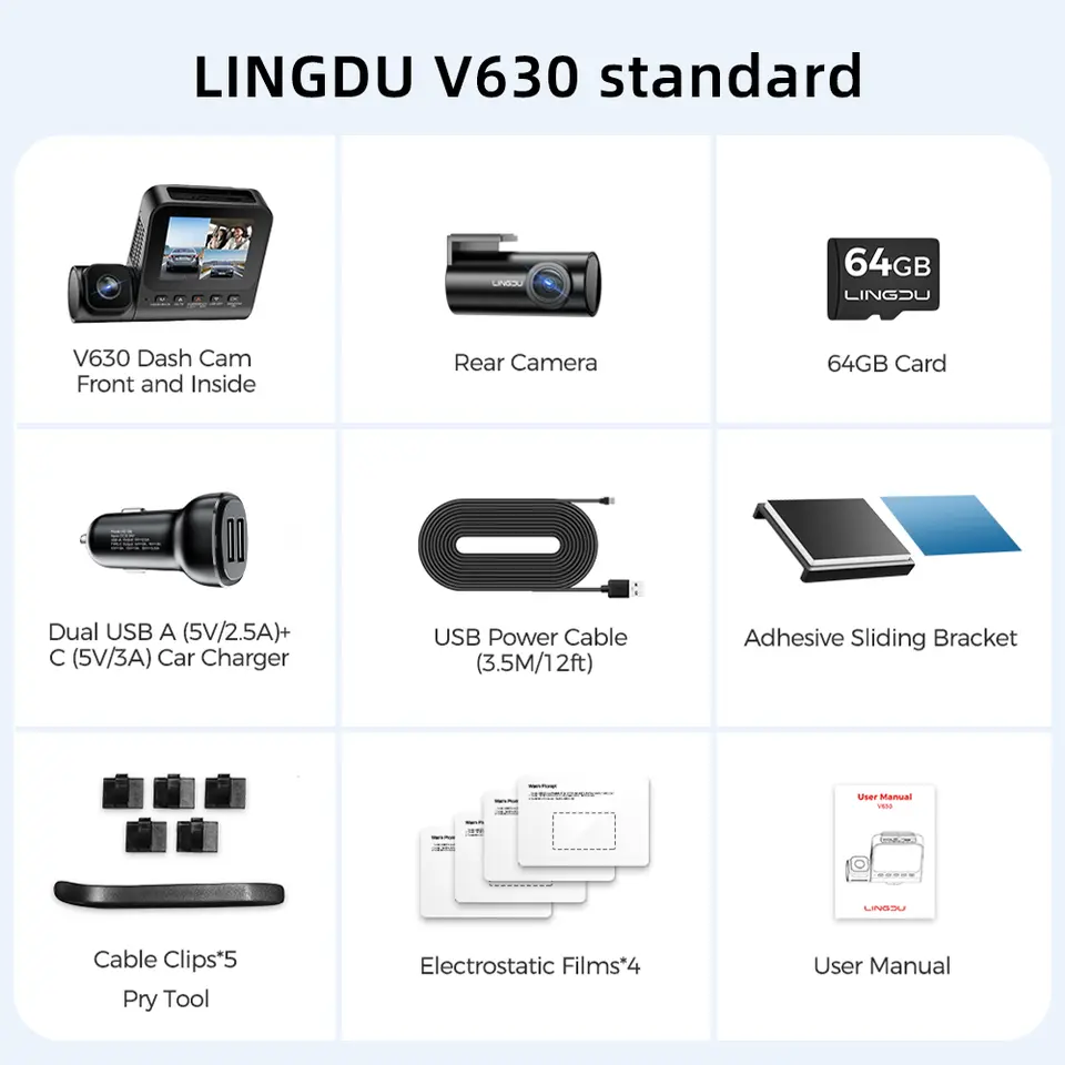 LINGDU 4K 3 Channel Wireless Dash Camera with Free 64GB Card,4K+1080P+1080P Front Inside and Rear Triple Car Camera,IR Night Vision, Voice Control,Build-in GPS 24H Parking Mode, Easy to Install（V630） 