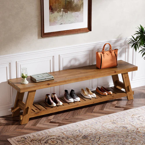 63" Solid Wood Shoe Bench 2-Tier Entryway Bench with Storage Shelf Heavy Duty Seating for Hallway Living Room Rustic Brown