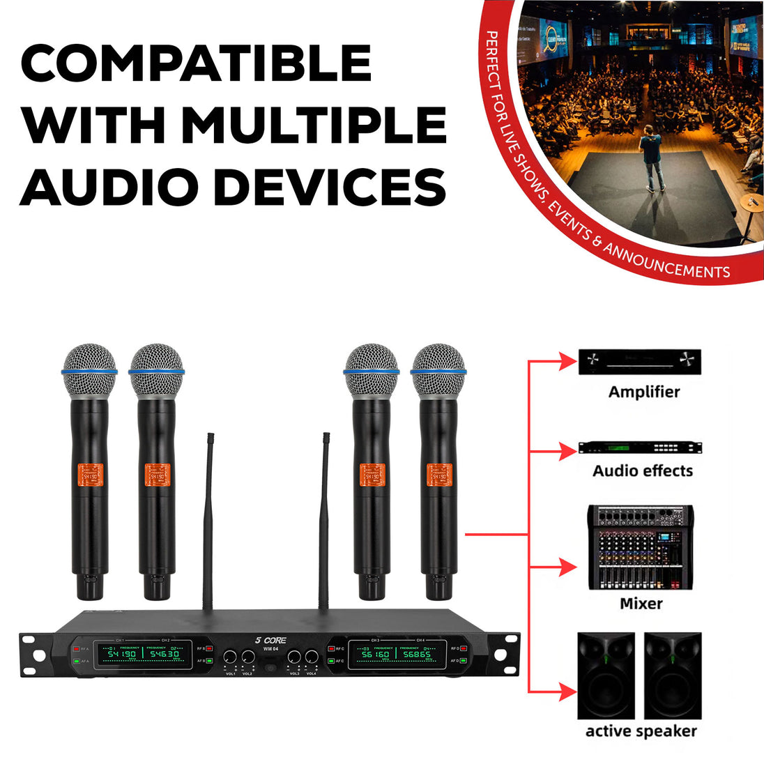 5 Core Wireless Microphone System 4 Channel UHF 492F Range Portable Receiver w Cordless Mic