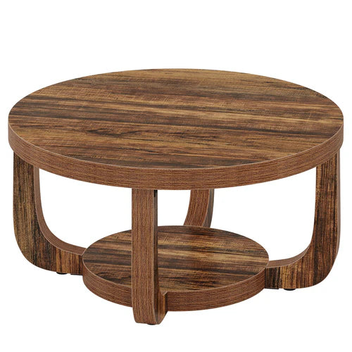 31.5" Round Coffee Table with 2-Tier Storage, Modern Farmhouse Circle Center Table with Thick Wood Top & Rustic Brown Finish