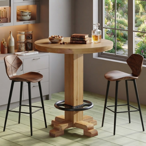 31.5" Round Solid Wood Bar Table, 37.4" High Bistro Cocktail Table with Crossed-Leg Base & Metal Footrest