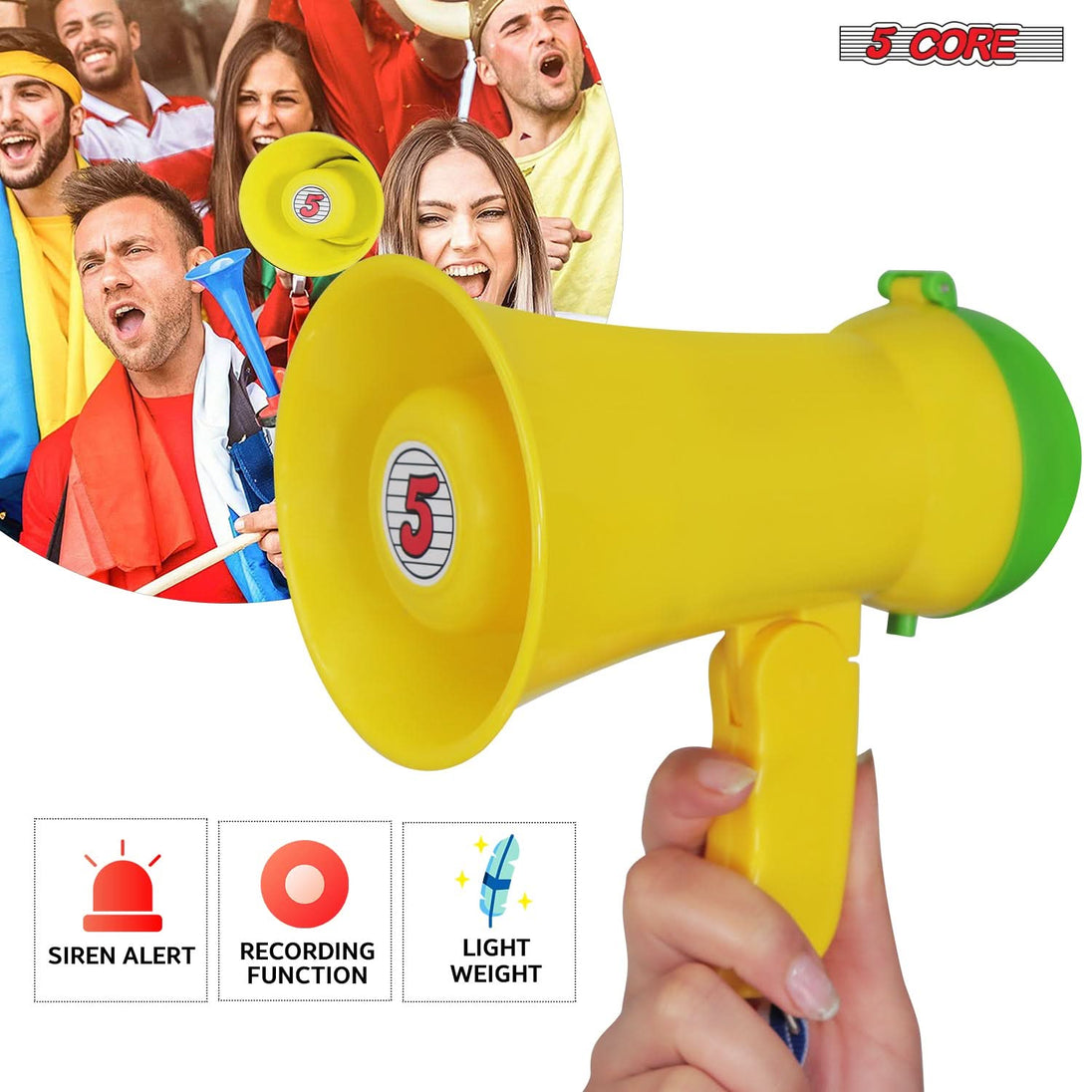 5Core Megaphone Bullhorn Speaker 15W Mini Battery Power Bull horn w Siren 400 Yard Range Yellow