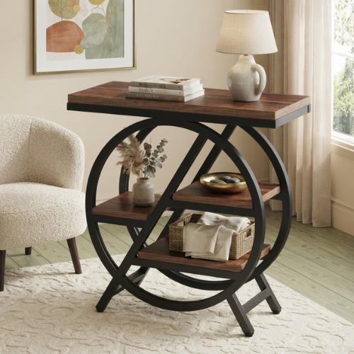 4-Tier End Table, Industrial Side Table with Open Shelves, Rustic Brown Wooden Top & Metal Frame for Living Room Bedroom