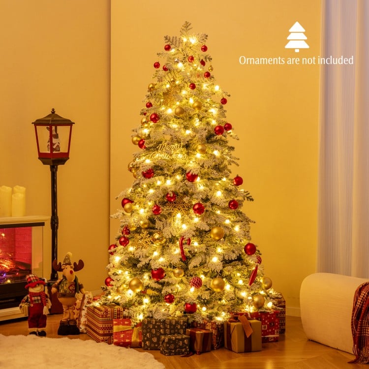 6 Feet Artificial Snow-flocked Christmas Tree Pre-lit Hinged Xmas Tree with 130 Twinkle Balls