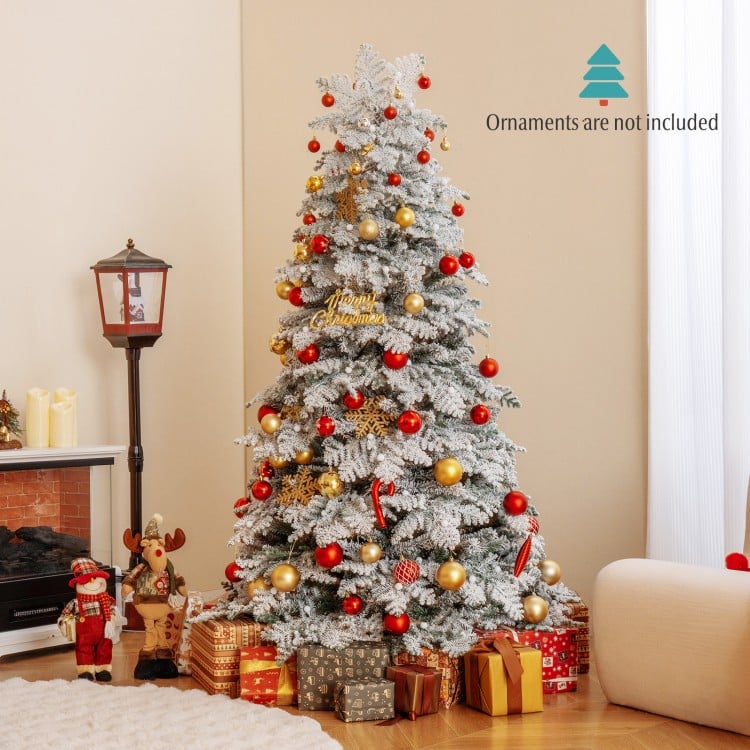 6 Feet Artificial Snow-flocked Christmas Tree Pre-lit Hinged Xmas Tree with 130 Twinkle Balls