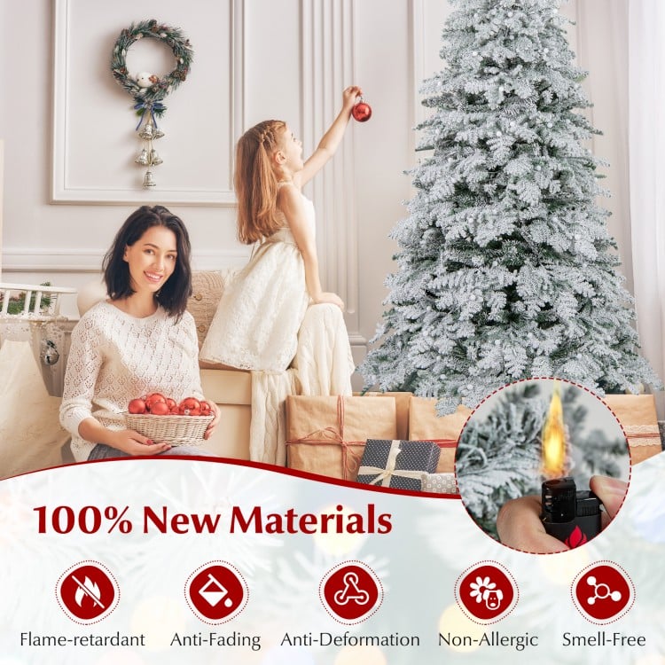 6 Feet Artificial Snow-flocked Christmas Tree Pre-lit Hinged Xmas Tree with 130 Twinkle Balls