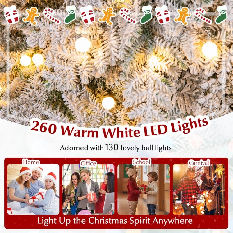 6 Feet Artificial Snow-flocked Christmas Tree Pre-lit Hinged Xmas Tree with 130 Twinkle Balls
