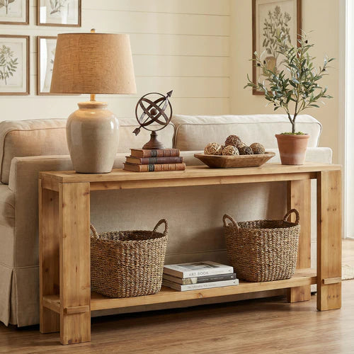70.9" Solid Wood Console Table, 2-Tier Farmhouse Entryway Sofa Table for Hallway Natural Fir Wood