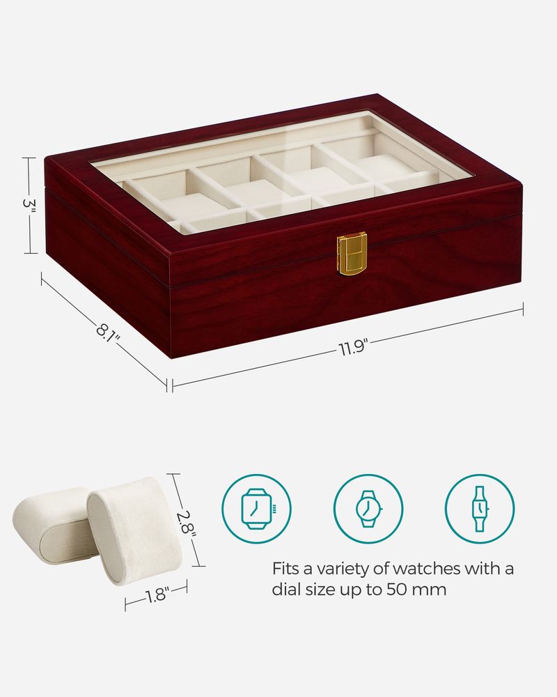 SONGMICS 10-Slot Watch Case with Large Glass Lid 