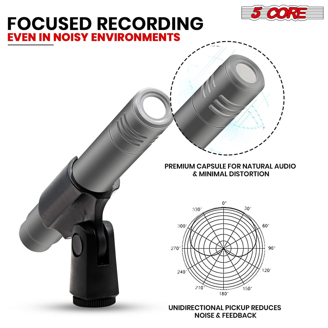 5 Core Professional Instrument Microphone - XLR Cardioid Pencil Condenser Mic in Grey Finish