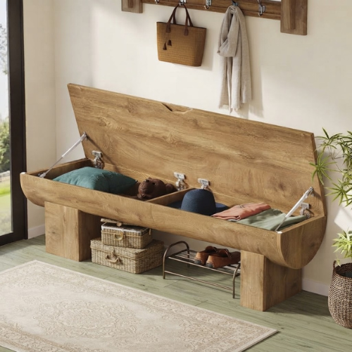 55.1" Farmhouse Storage Bench, Large Entryway Shoe Bench with Hinged Lid, 350 lb Capacity, Natural Wood