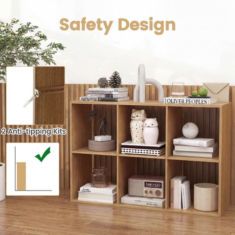 6 Cube Bookshelf with Back Guardrail for Living Room Bedroom-Natural