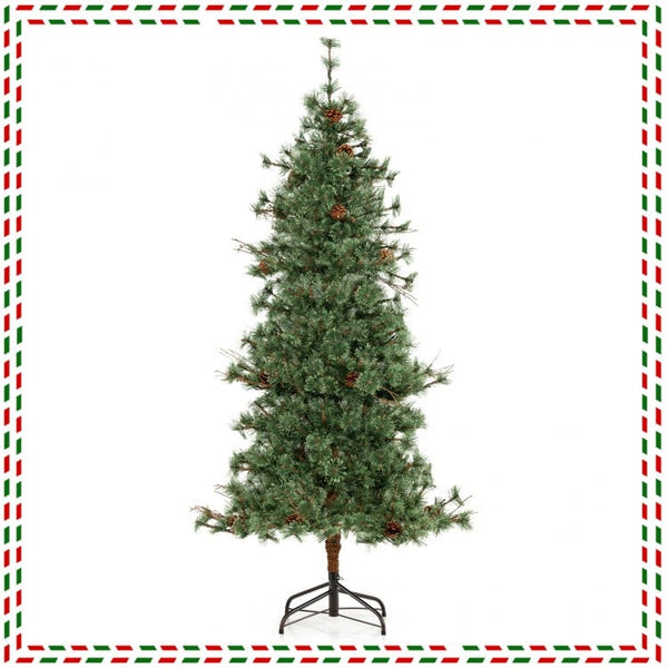 6 Feet Artificial Christmas Tree Pre-lit Xmas Tree with Warm White LED Lights and Pine Cones