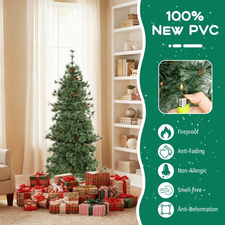 6 Feet Artificial Christmas Tree Pre-lit Xmas Tree with Warm White LED Lights and Pine Cones