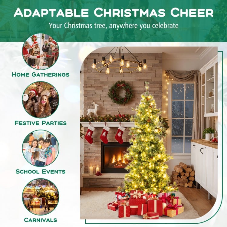 6 Feet Artificial Christmas Tree Pre-lit Xmas Tree with Warm White LED Lights and Pine Cones