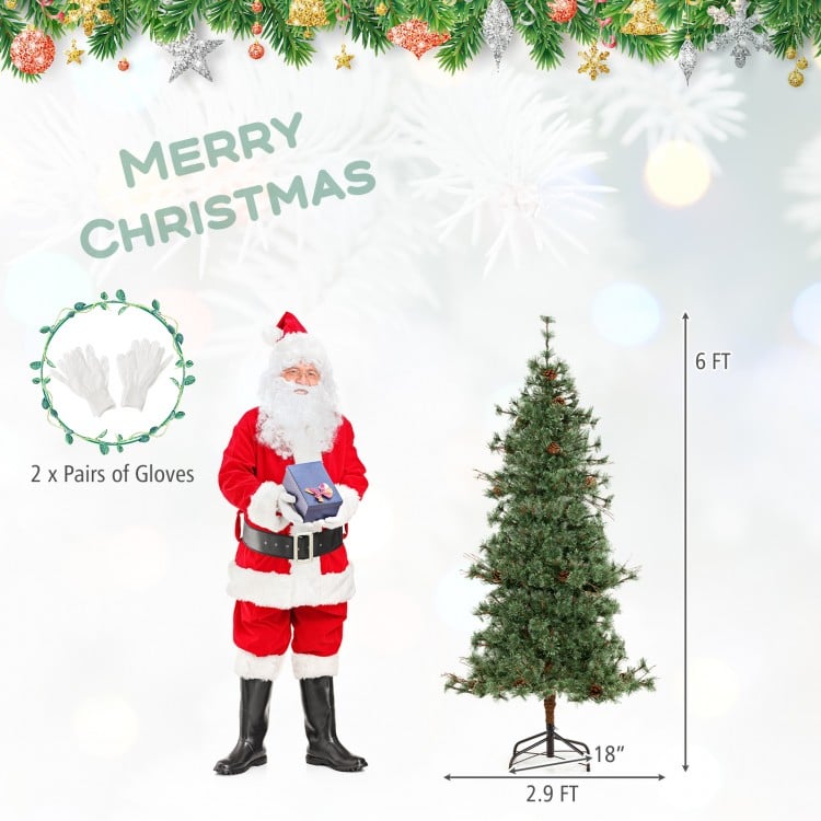 6 Feet Artificial Christmas Tree Pre-lit Xmas Tree with Warm White LED Lights and Pine Cones