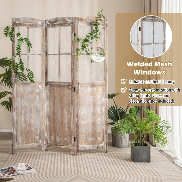 6 ft Folding Privacy Screen Room Divider with Mesh Windows – Retro Wood Folding Partition