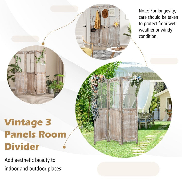 6 ft Folding Privacy Screen Room Divider with Mesh Windows – Retro Wood Folding Partition