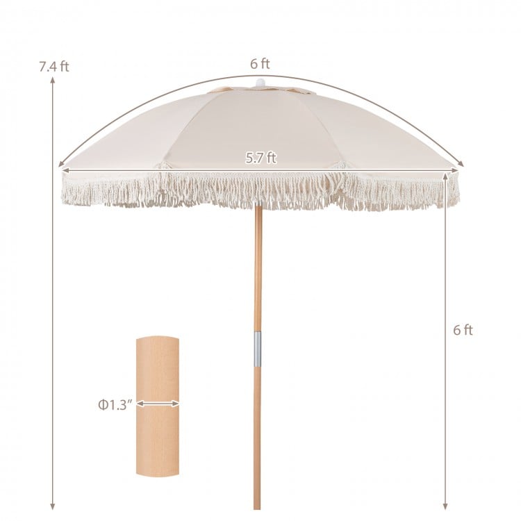 6 Feet Patio Umbrella with Fringe with Push Button Tilt and Wood Pole-White