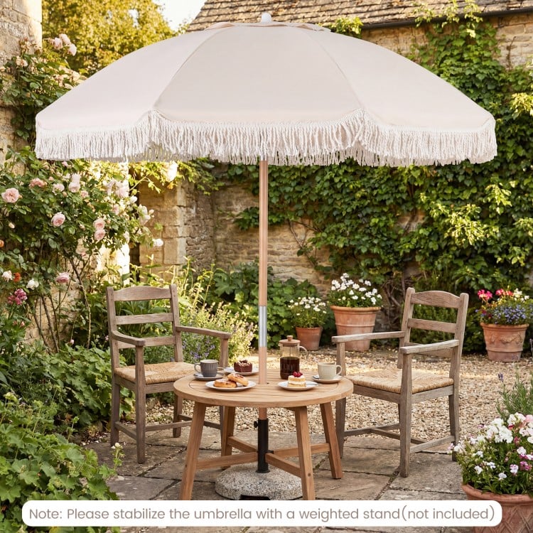 6 Feet Patio Umbrella with Fringe with Push Button Tilt and Wood Pole-White