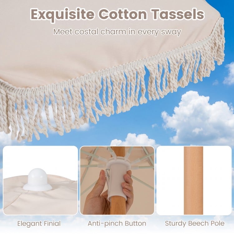 6 Feet Patio Umbrella with Fringe with Push Button Tilt and Wood Pole-White