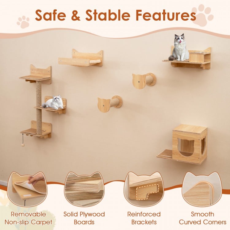 6 Pieces Cat Wall Furniture Set Kitten Wall Mounted Shelves-Natural