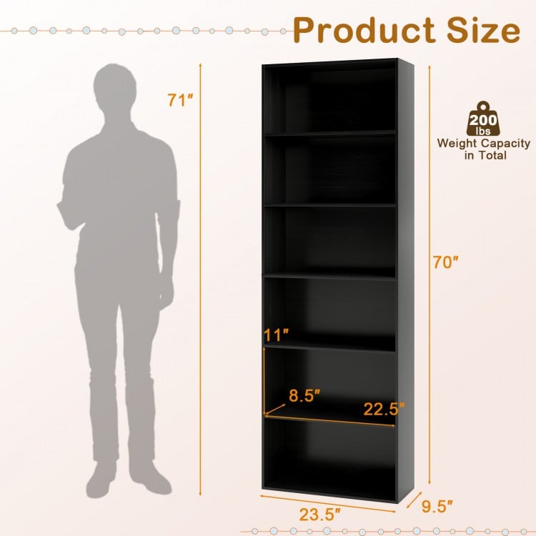 6-Tier Bookcase with 6 Open Shelves and Anti-Toppling Kits-Black
