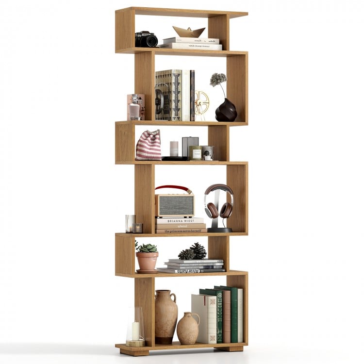 6-Tier Geometric Bookshelf with 2 Anti-Tipping Kits for Home Office-Natural