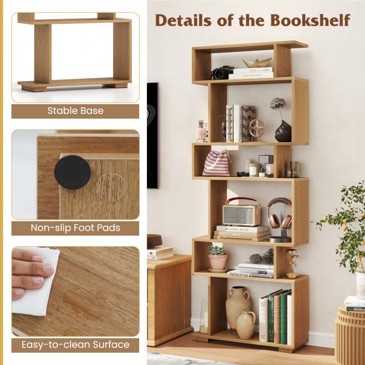 6-Tier Geometric Bookshelf with 2 Anti-Tipping Kits for Home Office-Natural