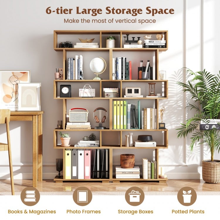 6-Tier Geometric Bookshelf with 2 Anti-Tipping Kits for Home Office-Natural