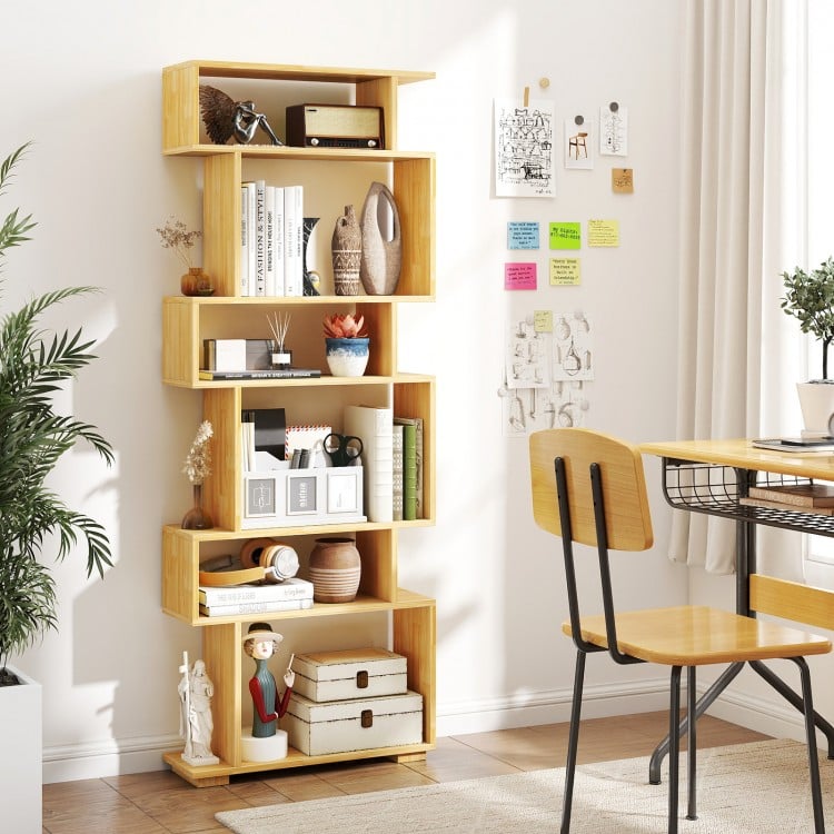6-Tier Geometric Bookshelf with 2 Anti-Tipping Kits for Home Office-Wood