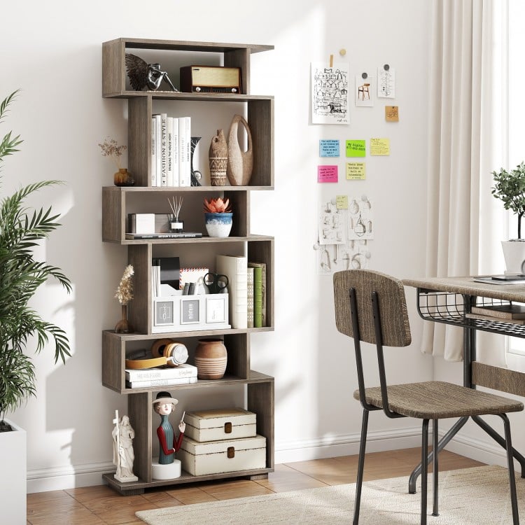 6-Tier Geometric Bookshelf with 2 Anti-Tipping Kits for Home Office-Oak
