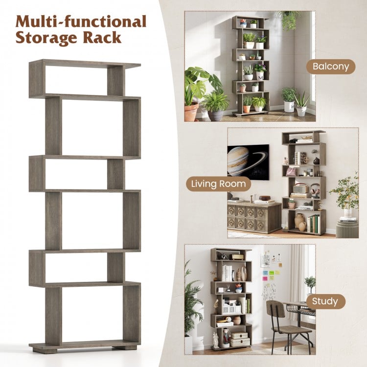 6-Tier Geometric Bookshelf with 2 Anti-Tipping Kits for Home Office-Oak