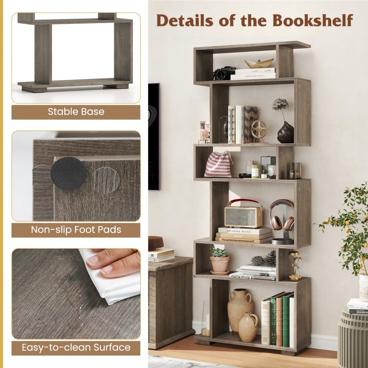 6-Tier Geometric Bookshelf with 2 Anti-Tipping Kits for Home Office-Oak