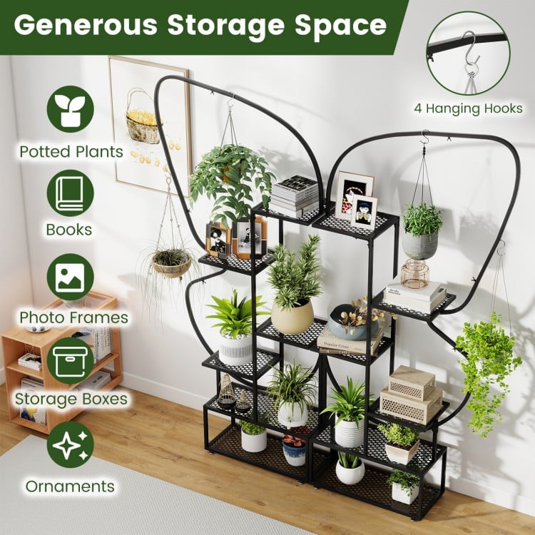 6-Tier Metal Plant Stand Ladder Display Rack with Hanging Hooks-Black