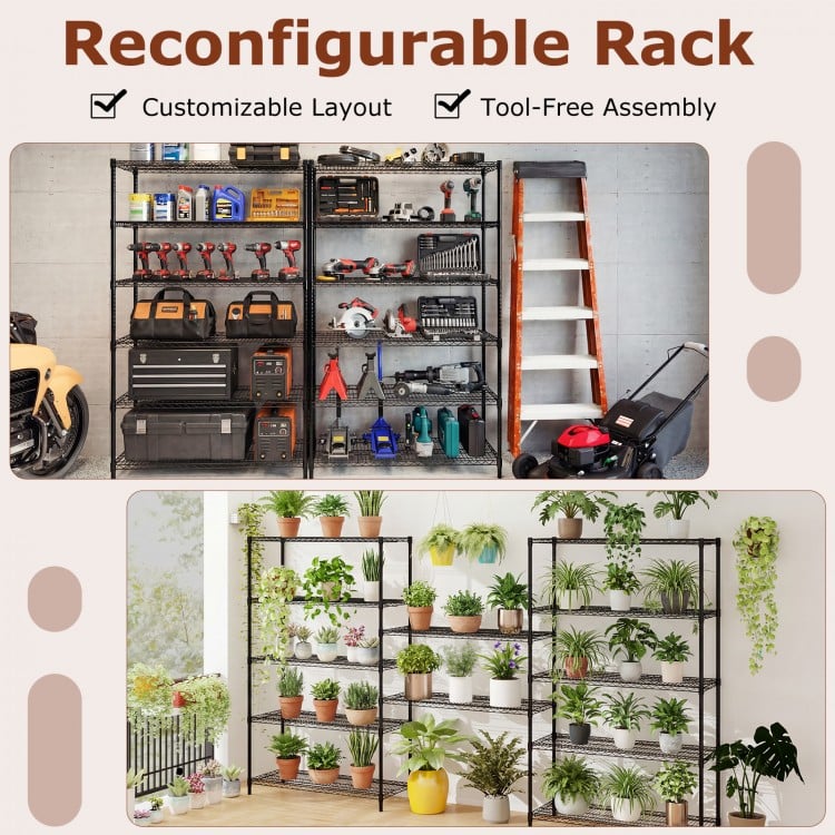 6-Tier Metal Storage Shelving Unit with V-Shaped Wire Rack for Home Garage-Black