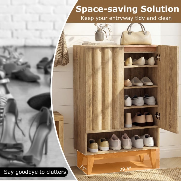 6-Tier Shoe Storage Organizer with 2 Fluted Doors-Oak
