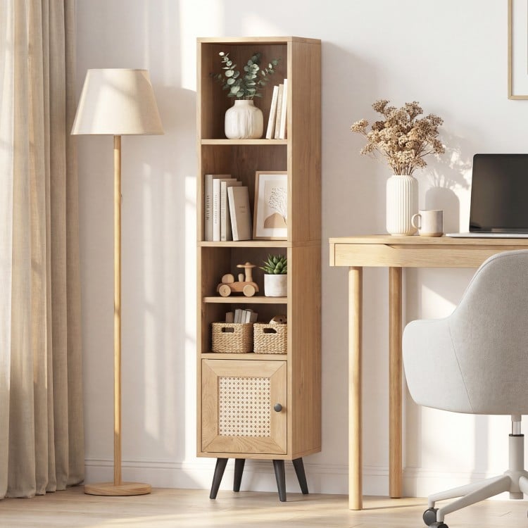 6-Tier Tall Narrow Bookcase 54 Inches Slim Storage Cabinet-Natural